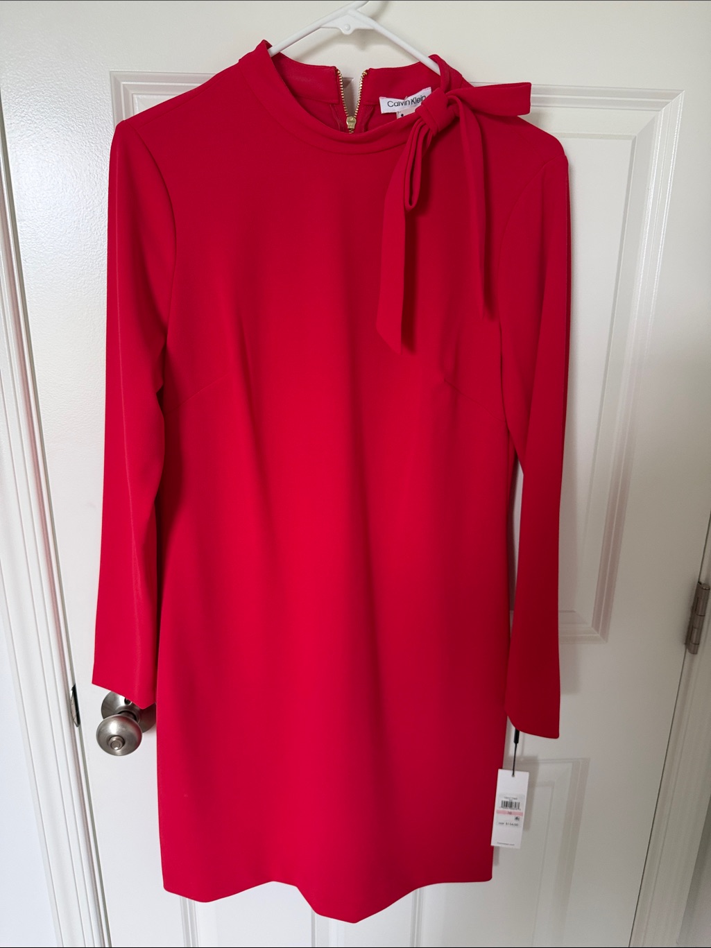 Calvin Klein Bright Red Long Sleeve Tie-Neck Dress Size 10 Nwt